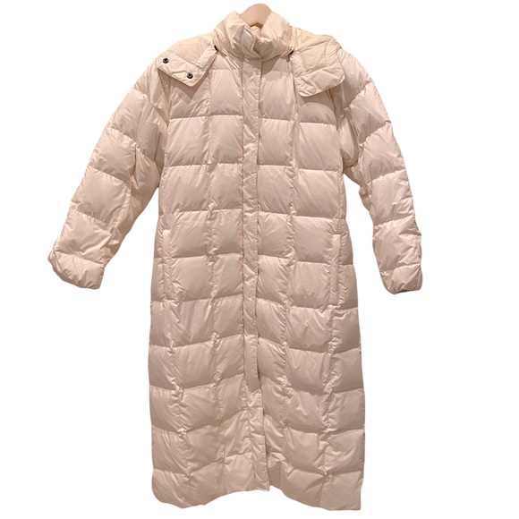 Lands End Off White Long Puffer Jacket with Hood - Size Large - Picture 1 of 16